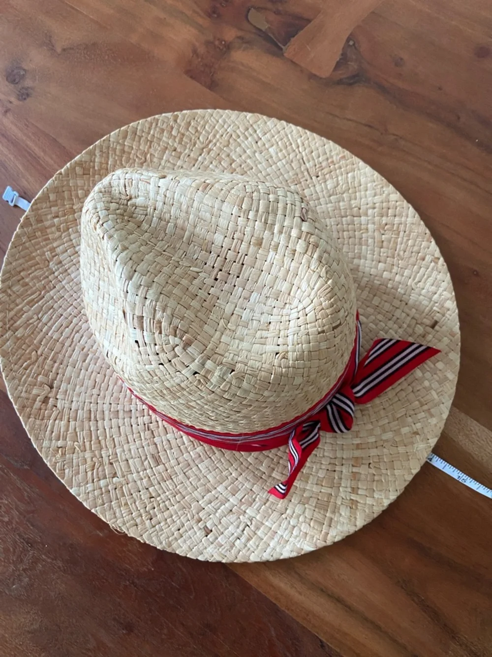 Forever 21 straw hat neutral tan woven summer hat with red ribbon band 57 cm M/L